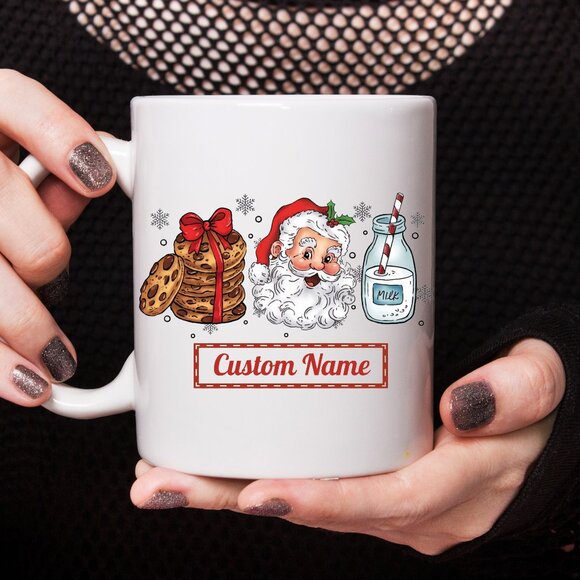 🎅 Personalized Christmas Mug - Retro Santa Claus, Milk & Cookies, Custom Name - Picture 1 of 4